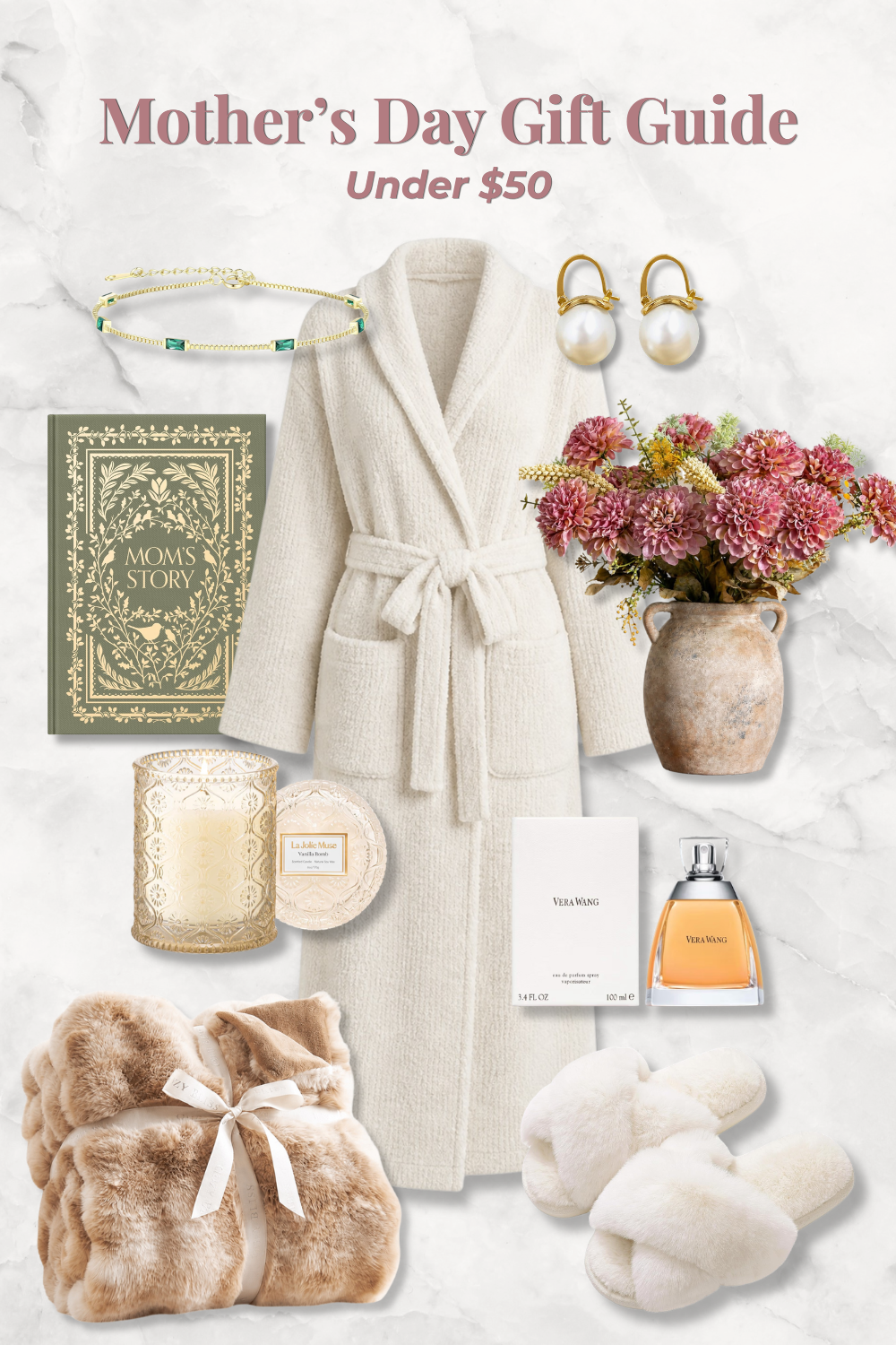 Mother's Day gift guide flat lay on marble — cream boucle robe, faux fur throw, slippers, candle, perfume, pearl earrings, and pink dahlias. Last-minute Amazon gifts under $50.