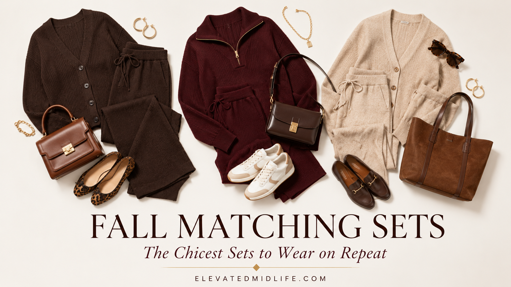 Chic fall matching sets for women — cozy knit lounge sets, velour sweatsuits, and fall skirt sets