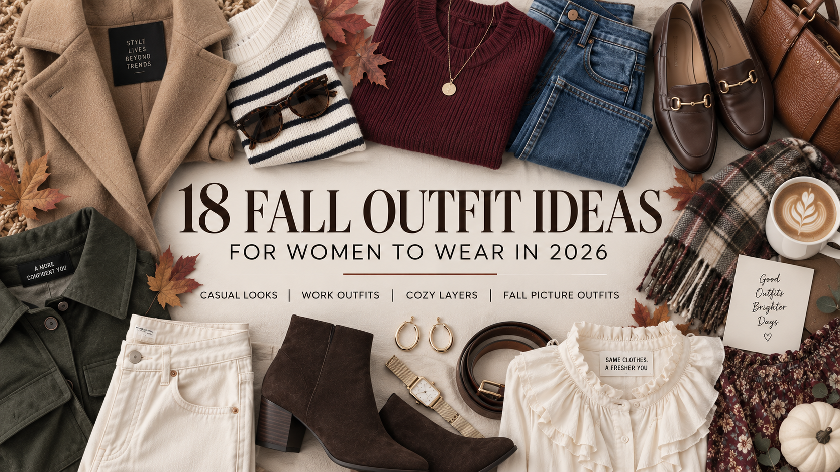 Fall outfit ideas for women featuring sweaters, jeans, loafers, boots, jackets and fall accessories in warm neutral colors.