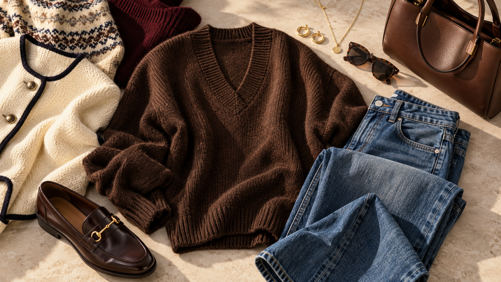 Fall sweater and jeans outfits with chocolate knitwear, denim, loafers and neutral accessories