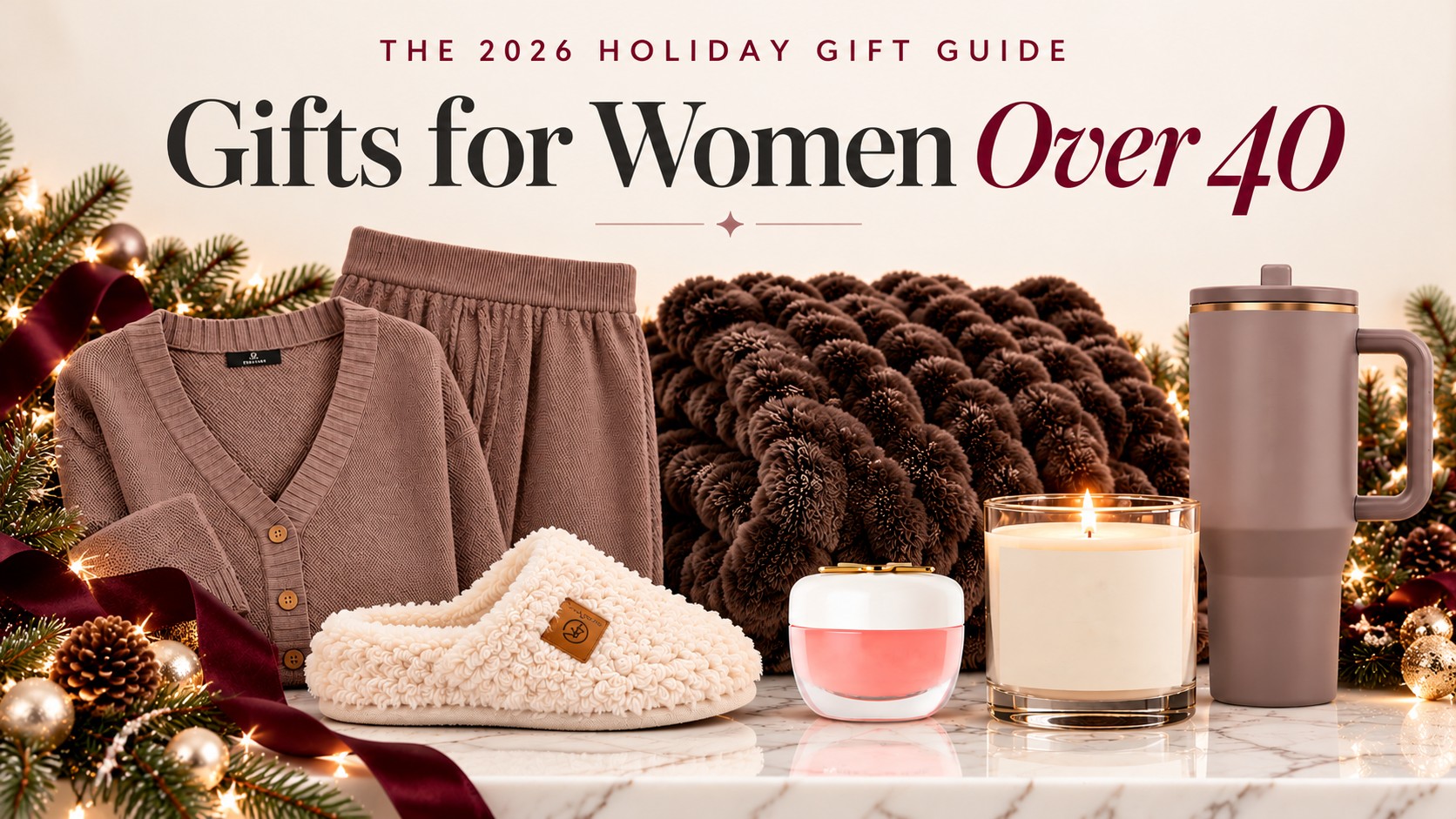Gifts for women over 40 holiday gift guide collage with a lounge set, cozy slipper, throw blanket, lip mask, candle and tumbler